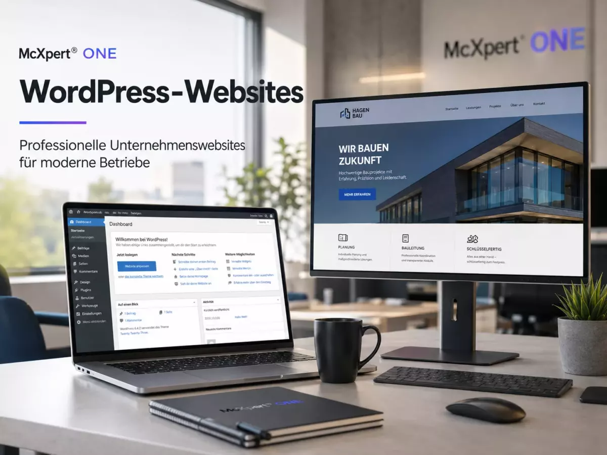 Moderner Arbeitsplatz mit WordPress-Dashboard und Beispiel-Website für professionelle WordPress-Websites von McXpert® ONE